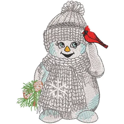 Snowman with cardinal embroidery design, featuring a cheerful snowman adorned with a red cardinal on its hat.