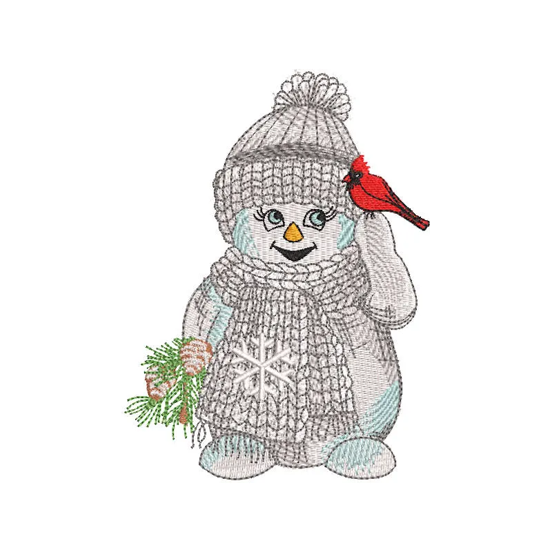 Snowman with cardinal embroidery design, featuring a cheerful snowman adorned with a red cardinal on its hat.