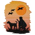 Detailed embroidered design featuring a hunter and dog, perfect for car sport hobby enthusiasts.
