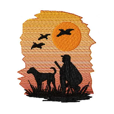 Detailed embroidered design featuring a hunter and dog, perfect for car sport hobby enthusiasts.