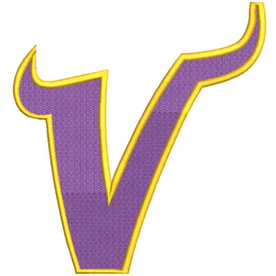 Minnesota Vikings V Logo embroidery design featuring the iconic purple and gold team colors on a textured fabric.