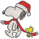 Snoopy Christmas walking embroidery design featuring Snoopy dressed in a festive hat and scarf, joyfully strolling.