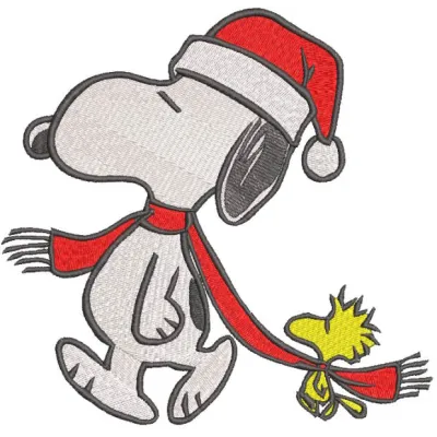 Snoopy Christmas walking embroidery design featuring Snoopy dressed in a festive hat and scarf, joyfully strolling.