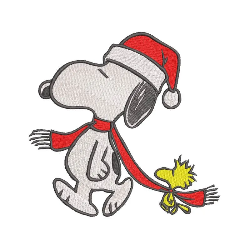 Snoopy Christmas walking embroidery design featuring Snoopy dressed in a festive hat and scarf, joyfully strolling.