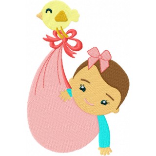 Baby in a diaper carried by a bird embroidery design - Embroidery Design