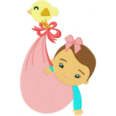 Embroidery design featuring a baby in a diaper being carried by a bird, showcasing whimsical artistry.