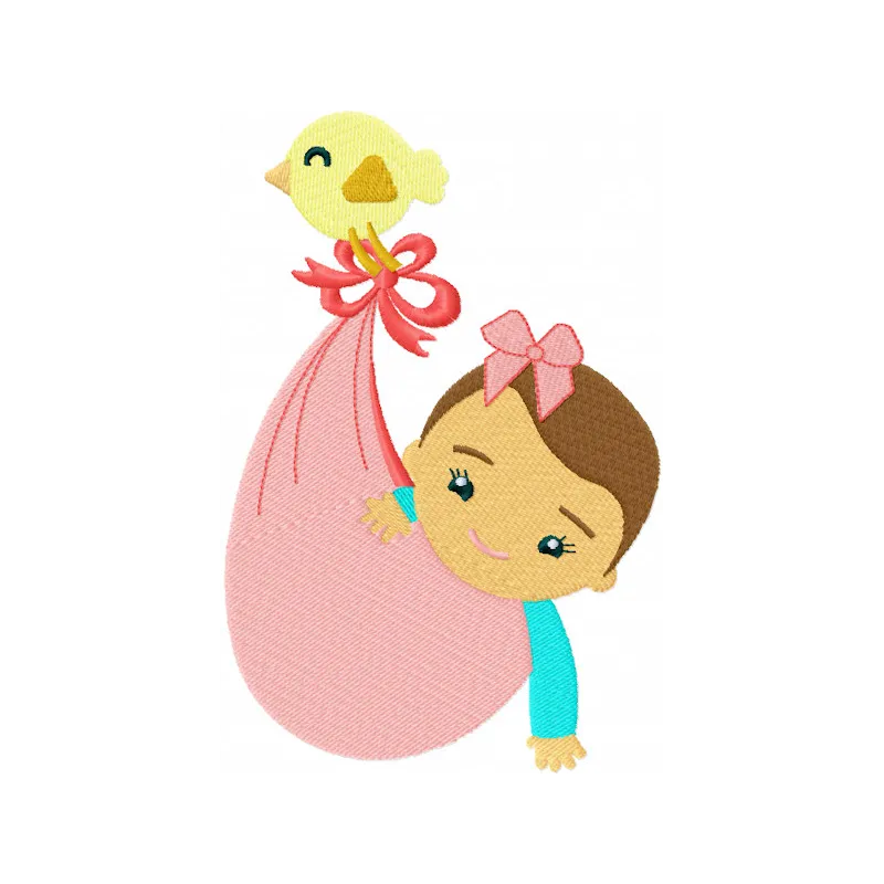 Embroidery design featuring a baby in a diaper being carried by a bird, showcasing whimsical artistry.