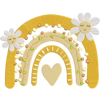 Boho summer rainbow embroidery design featuring vibrant colors and intricate patterns on a lightweight fabric.