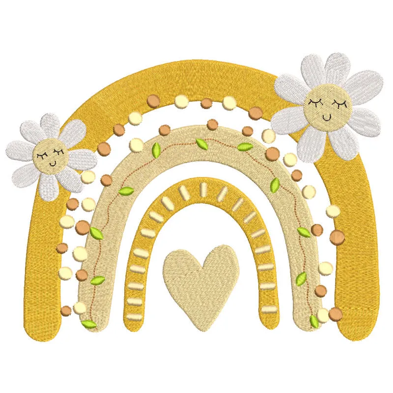 Boho summer rainbow embroidery design featuring vibrant colors and intricate patterns on a lightweight fabric.