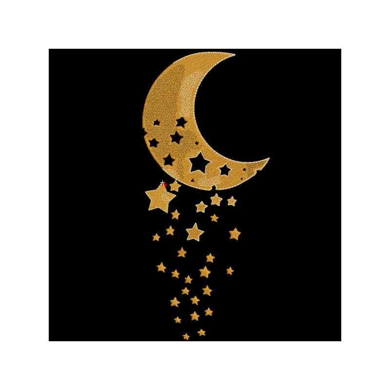 Gold stars and crescent moon embroidery design on a soft fabric background, showcasing intricate stitching and detailed patt…