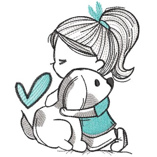Girl hugging a puppy embroidery design - Embroidery Design