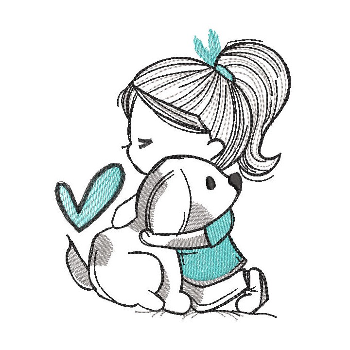 Girl hugging a puppy embroidery design - Embroidery Design