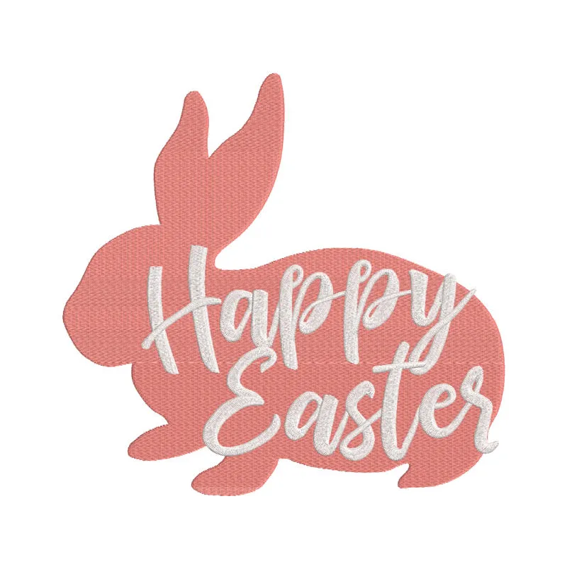 Happy Easter pink bunny embroidery design featuring a cute bunny with pastel colors and floral accents.