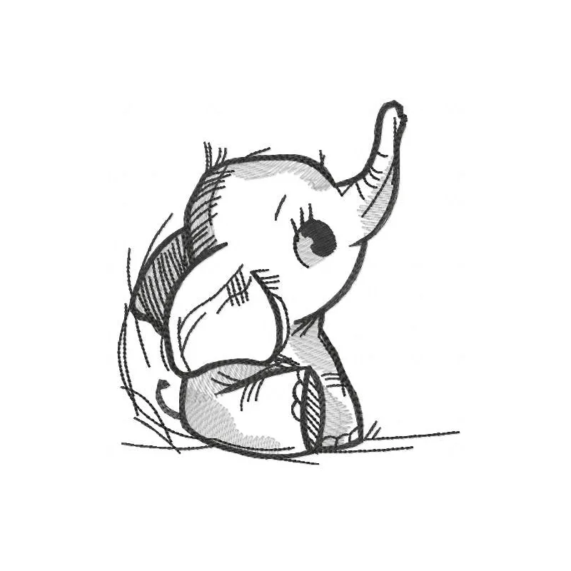 Grey tattered baby elephant embroidery design showcasing intricate stitching details and a whimsical style.