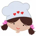 Cheerful girl cook embroidery design showcasing a smiling girl in a kitchen with cooking utensils and vibrant colors.