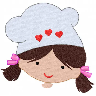 Cheerful girl cook embroidery design showcasing a smiling girl in a kitchen with cooking utensils and vibrant colors.