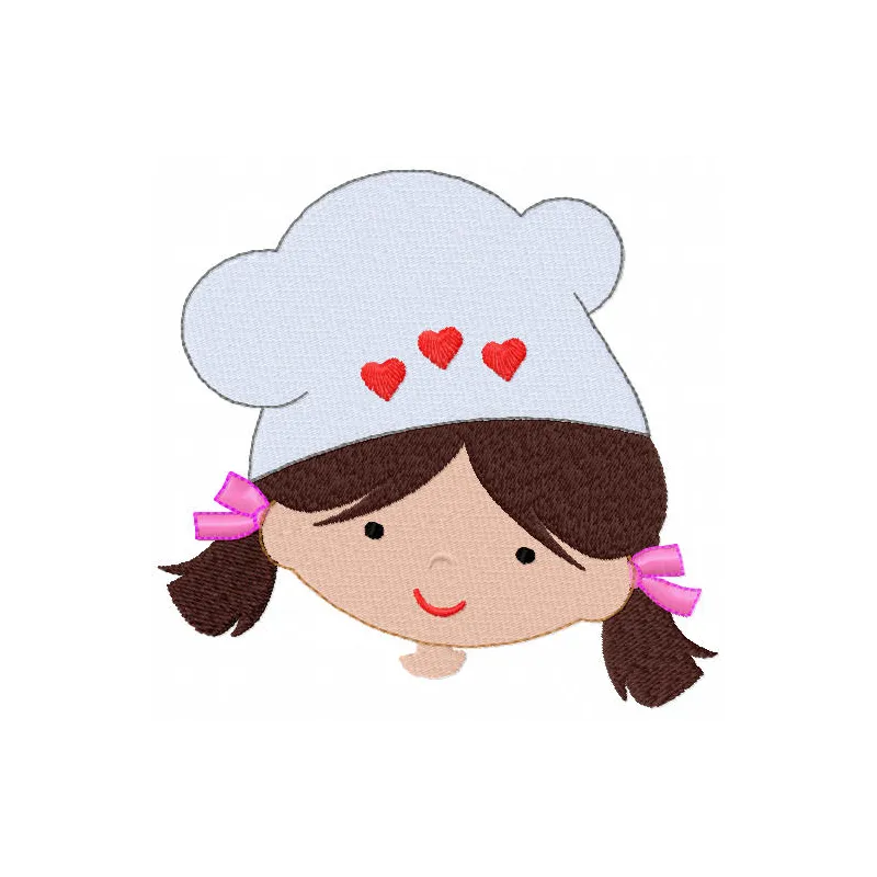 Cheerful girl cook embroidery design showcasing a smiling girl in a kitchen with cooking utensils and vibrant colors.