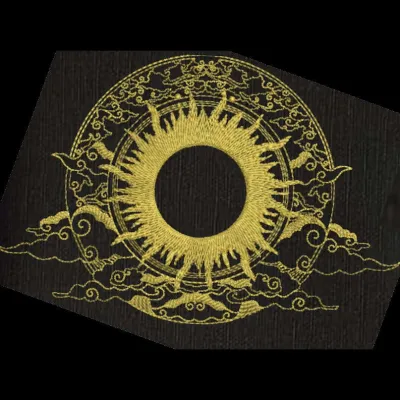 Sun and clouds embroidery design featuring a vibrant sun and fluffy clouds in a whimsical, artistic style.