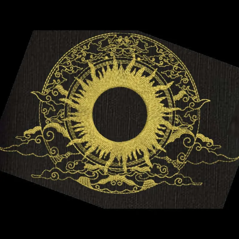 Sun and clouds embroidery design featuring a vibrant sun and fluffy clouds in a whimsical, artistic style.