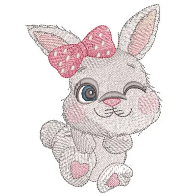 Dancing baby bunny embroidery design featuring a cute, whimsical bunny in a playful pose with colorful thread details.