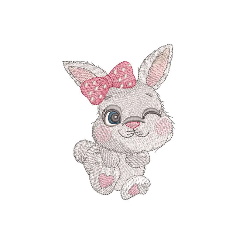 Dancing baby bunny embroidery design featuring a cute, whimsical bunny in a playful pose with colorful thread details.