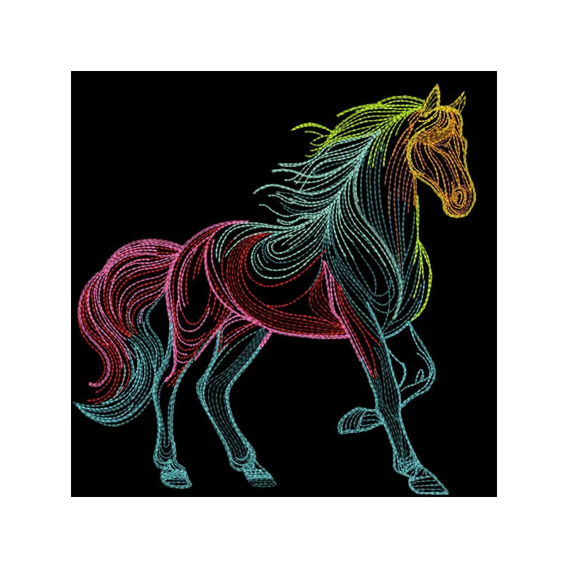 A colorful rainbow horse sketch embroidery design featuring intricate details and vibrant hues.