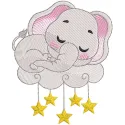Baby Elephant Cloud embroidery design featuring a cute elephant under a fluffy cloud with delicate stitching details.