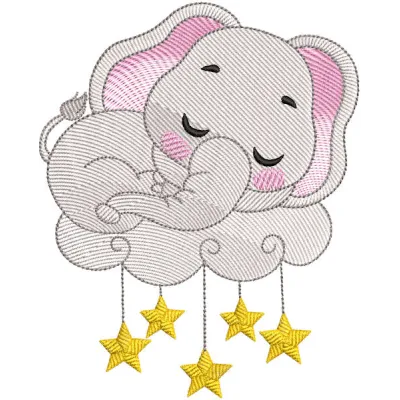 Baby Elephant Cloud embroidery design featuring a cute elephant under a fluffy cloud with delicate stitching details.