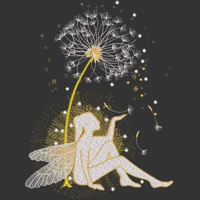 Fairy sitting under a dandelion in a detailed embroidery design, showcasing whimsical elements and vibrant colors.