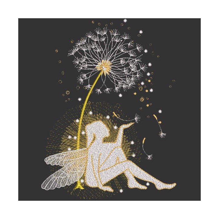 Fairy sitting under a dandelion embroidery design - Embroidery Design
