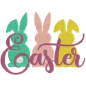 Trio Easter bunny embroidery design featuring three cute bunnies in pastel colors, perfect for festive decorations.