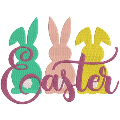 Trio Easter bunny embroidery design featuring three cute bunnies in pastel colors, perfect for festive decorations.