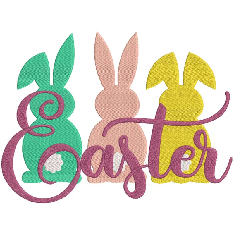 Trio Easter bunny embroidery design featuring three cute bunnies in pastel colors, perfect for festive decorations.