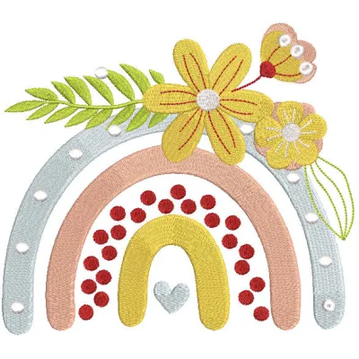 Colorful summer flower rainbow embroidery design featuring vibrant floral patterns and intricate stitching details.