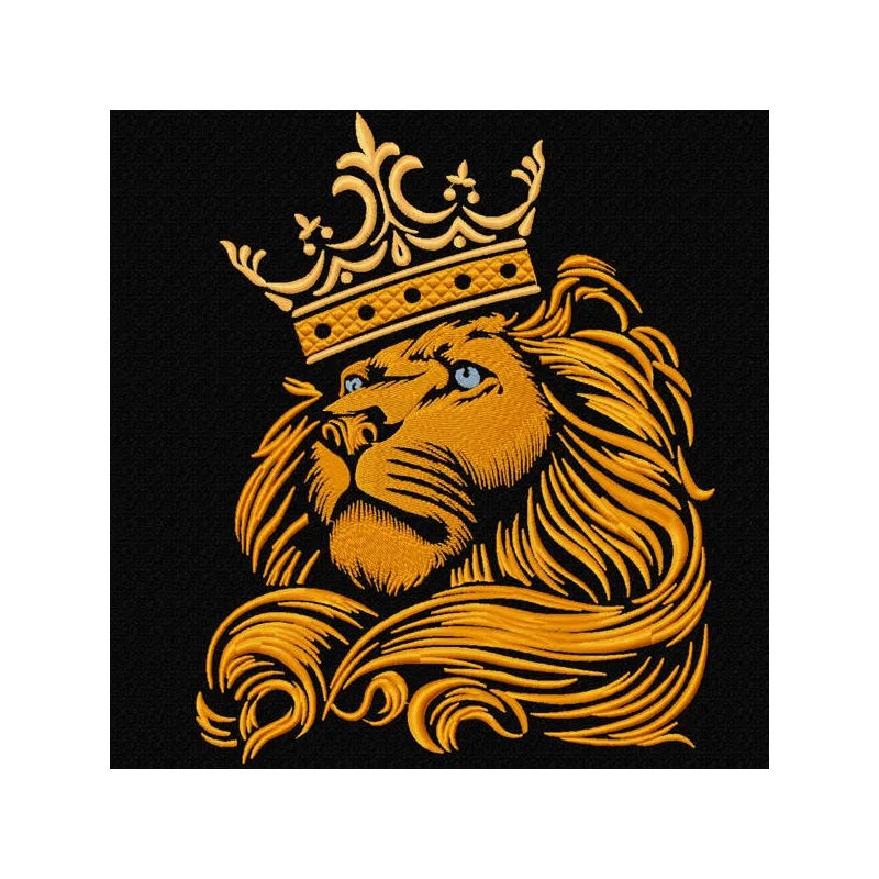 Embroidery design of a lion wearing a crown, showcasing intricate details and vibrant colors.