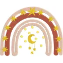Crescent and star rainbow embroidery design featuring vibrant colors on a light fabric background.