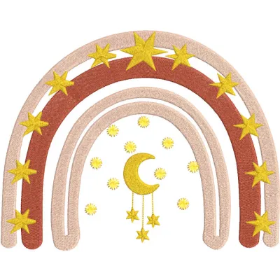 Crescent and star rainbow embroidery design featuring vibrant colors on a light fabric background.