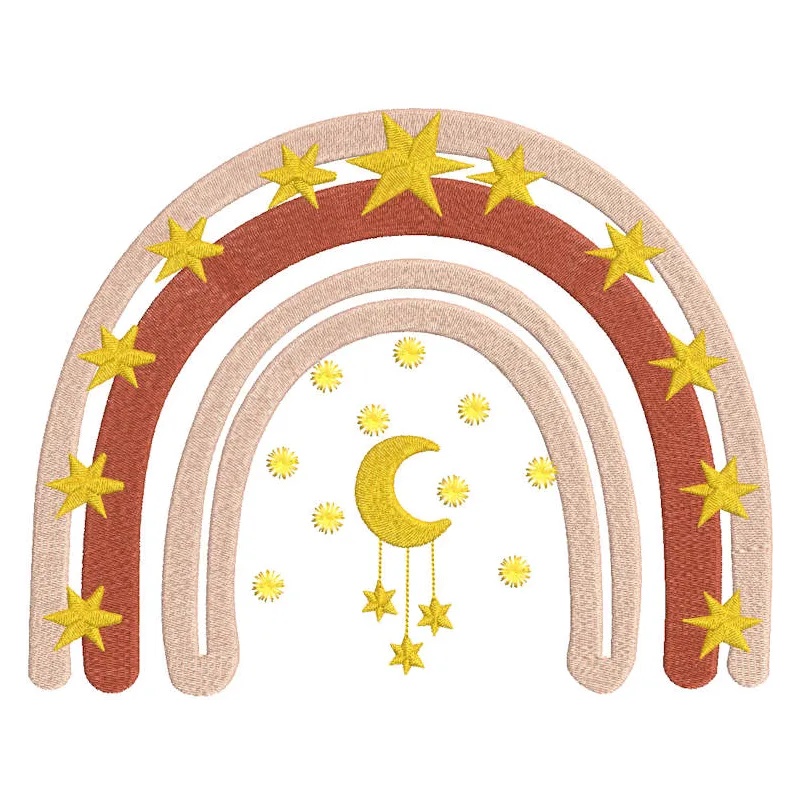 Crescent and star rainbow embroidery design featuring vibrant colors on a light fabric background.