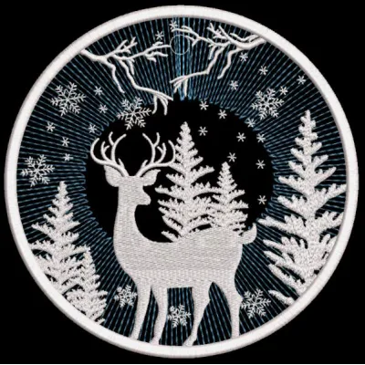 Snowy winter forest deer embroidery design featuring a serene winter scene, perfect for holiday decor.