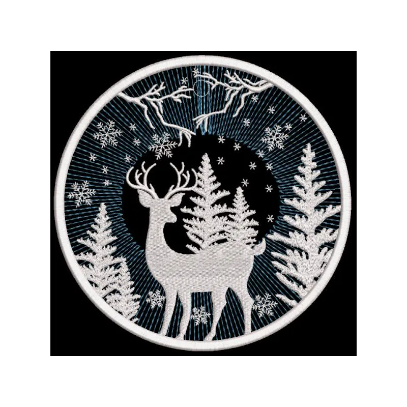 Snowy winter forest deer embroidery design featuring a serene winter scene, perfect for holiday decor.