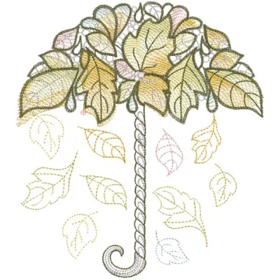 Autumn leaves embroidery design on a stylish umbrella, showcasing vibrant fall colors and intricate detailing.