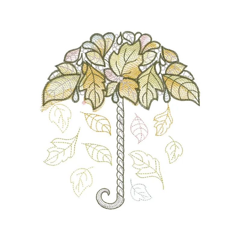 Autumn leaves embroidery design on a stylish umbrella, showcasing vibrant fall colors and intricate detailing.