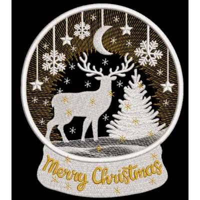 Snow globe featuring a delicate deer embroidery design, set on a festive holiday-themed base.