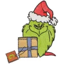 Grinch gnome with gift box embroidery design featuring a whimsical gnome in festive attire and colorful gifts.