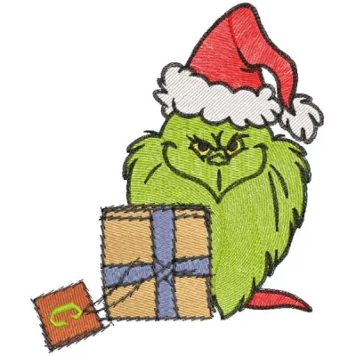 Grinch gnome with gift box embroidery design featuring a whimsical gnome in festive attire and colorful gifts.