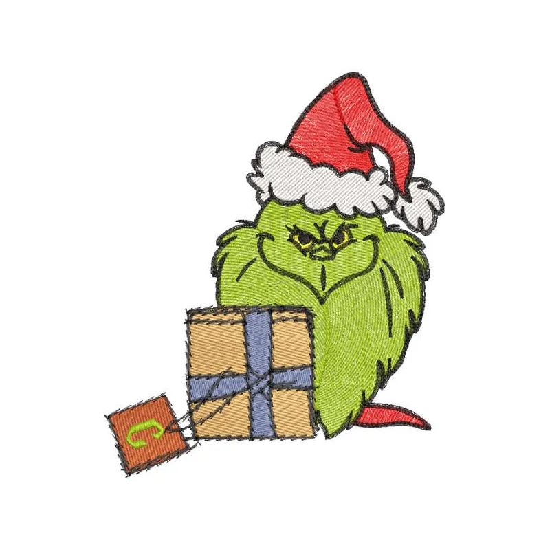 Grinch gnome with gift box embroidery design featuring a whimsical gnome in festive attire and colorful gifts.