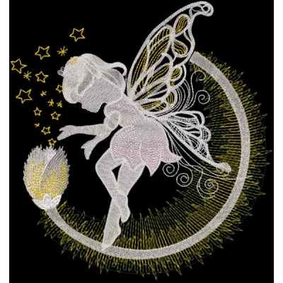 Fairy with magical fire flower embroidery design, showcasing intricate details and vibrant colors in a whimsical setting.