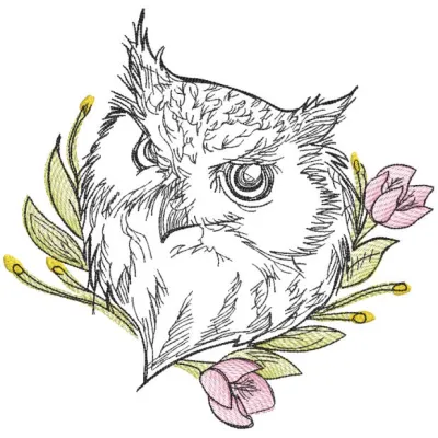 Sketch owl design featuring intricate flower embroidery, showcasing a whimsical and artistic representation.