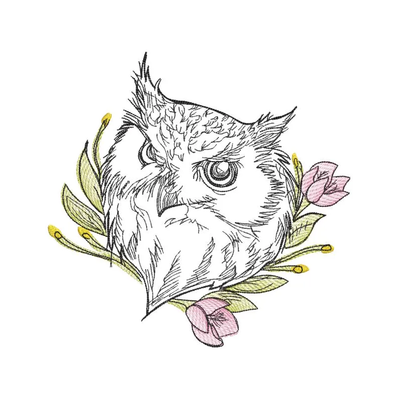Sketch owl design featuring intricate flower embroidery, showcasing a whimsical and artistic representation.