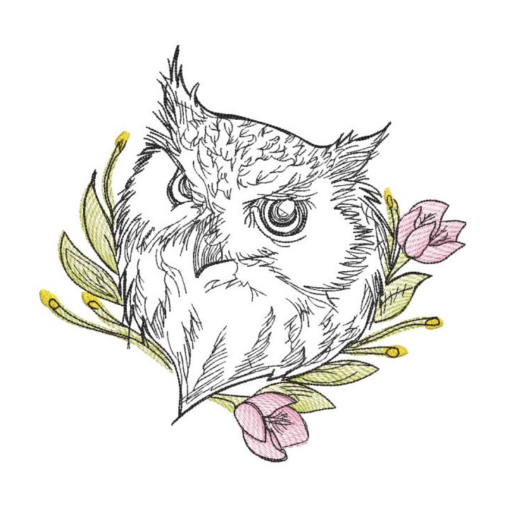 Sketch owl with flower embroidery design - Embroidery Design
